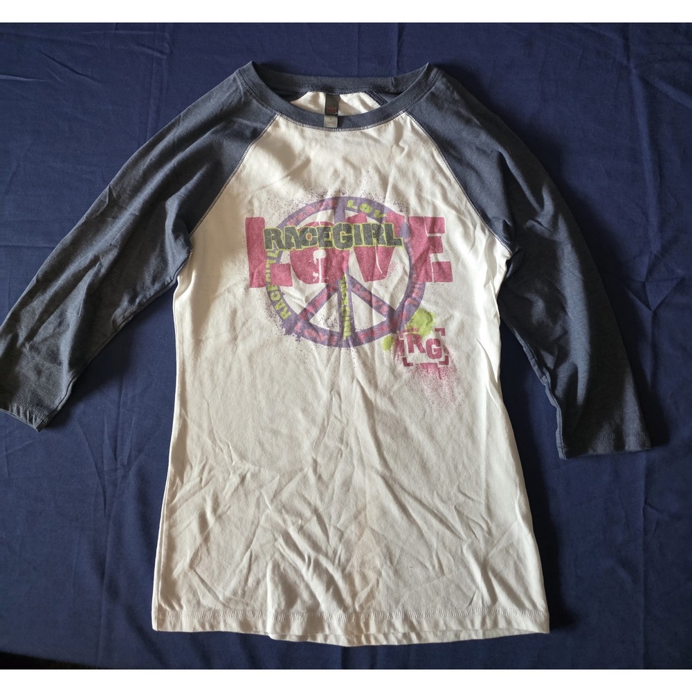 District Threads Racegirl Love Raglan Baseball Tee Navy White 3/4 Sleeve Small
